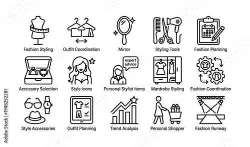 Fashion styling and wardrobe coordination icons for trend analysis and personal shopping