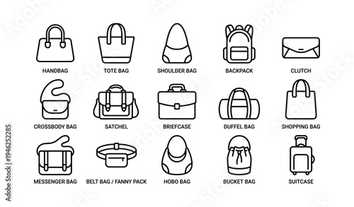 Various bag types: handbag, tote, backpack, briefcase, and more icons