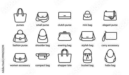 Collection of various handbag icons: purses, clutch, shoulder, tote, evening, compact
