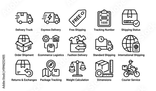 Logistics icons set: delivery truck, free shipping, order shipment, tracking, courier service