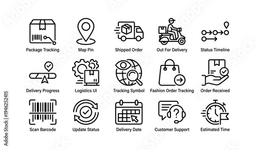 Shipping and delivery icons: package, map, delivery, status, support