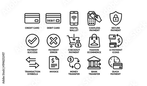 Digital payment icon set featuring cards, wallets, security, and e-commerce elements