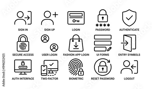 Login and authentication icons collection: sign in, password, biometric security