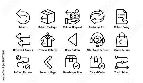E-commerce icons: returns, refunds, order tracking, exchange, customer service