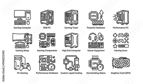 Gaming computer setup with rgb pc, graphics card, and performance hardware icons