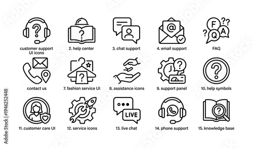 Customer support icon set: chat, email, faq, assistance, service