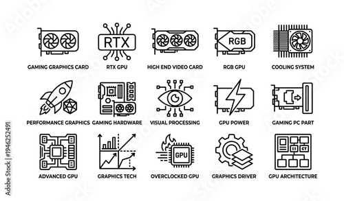 Icons of gaming graphics cards and gpu systems featuring advanced hardware elements