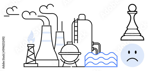Industry challenges. Industrial facility with emissions, highlighting challenges in sustainability, environmental balance, and energy production. Industry with symbols to promote discussion