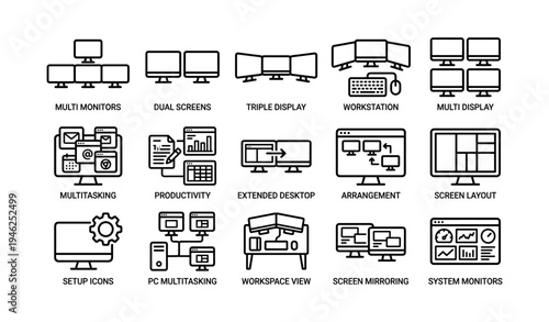 Multi-monitor setup icons for productivity and efficient workspace designs