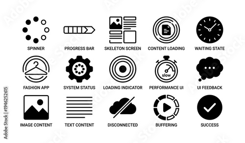 User interface icons collection: loading, progress, status, content, ui feedback symbols