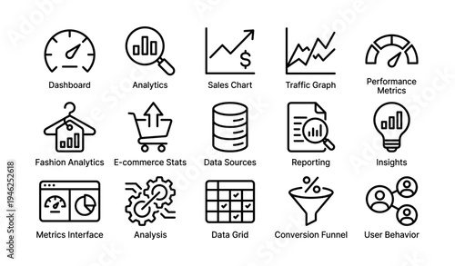 Dashboard and analytics icons featuring charts, metrics, e-commerce, and insights