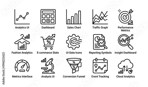 Analytics icons: dashboard, sales, traffic, performance metrics, e-commerce