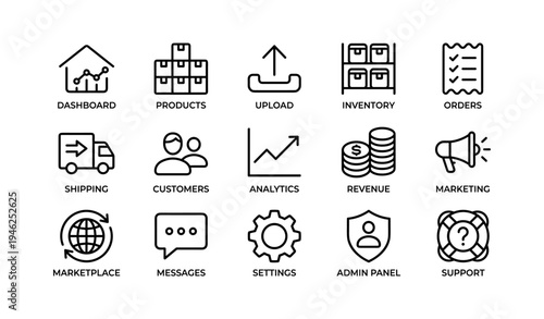Icons for e-commerce dashboard: products, upload, inventory, orders, analytics
