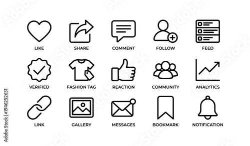 Set of social media icons: like, share, comment, follow, and more