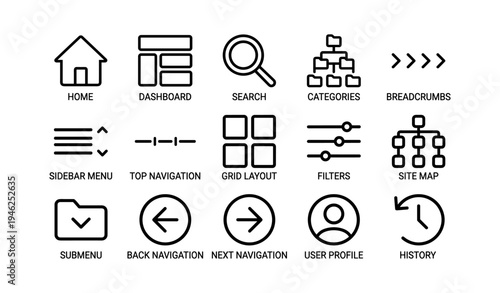 Minimalist icon set for web: home, search, navigation, profile
