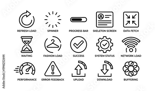 Collection of simple line icons for loading and system status indicators