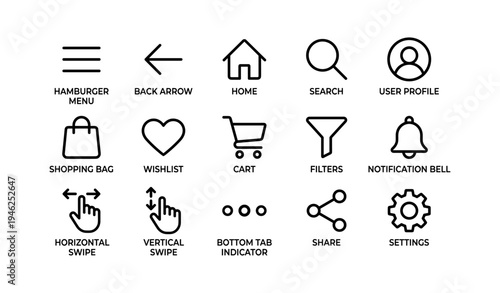 Simple black line user interface icons for mobile and web applications
