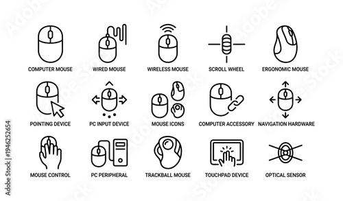 Collection of computer mouse icons featuring wireless wired and ergonomic designs