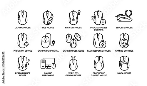 Collection of gaming mice icons with programmable buttons and rgb features
