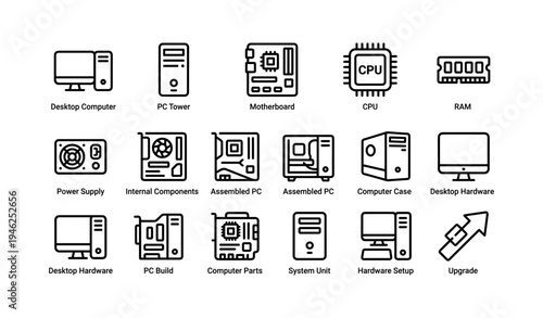 Desktop computer components icons: cpu, motherboard, ram, power supply, pc tower