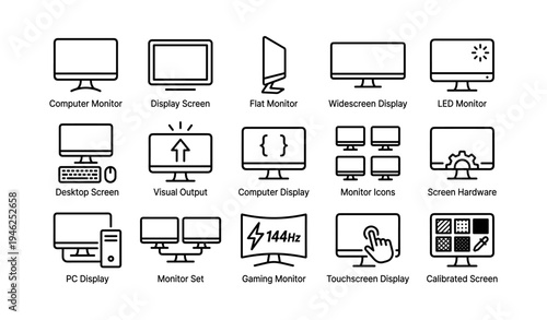 Computer monitor icons collection: flat, widescreen, led, gaming, touchscreen