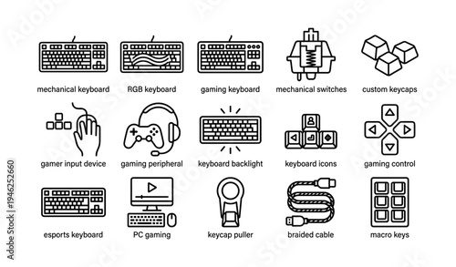 Icon set of mechanical keyboards gaming accessories and peripherals