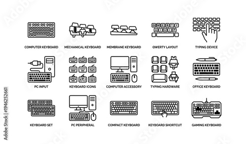 Various keyboard types and configurations: qwerty, mechanical, membrane, gaming accessories