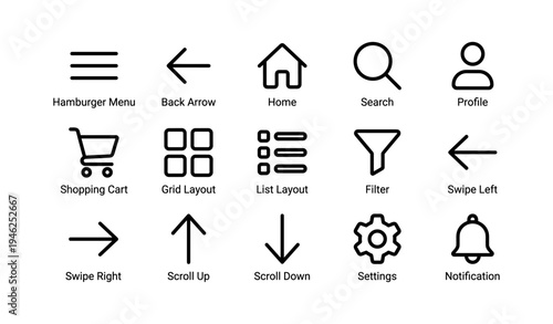 Minimalist user interface icon set including menu, arrow, home, search, profile, cart, layouts, filter, swipe, scroll, settings, notification