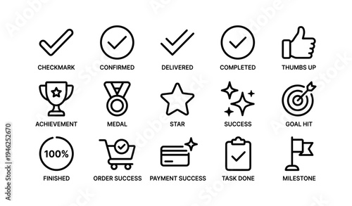 Icon set: checkmarks, medals, stars, thumbs up, and more for task achievement visualization