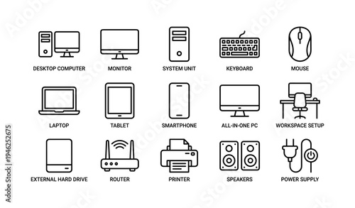 Collection of office essentials: computers, devices, and accessories icons