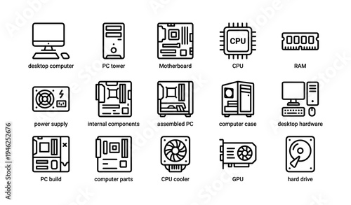 Desktop computer components icons: motherboard, cpu, ram, power supply