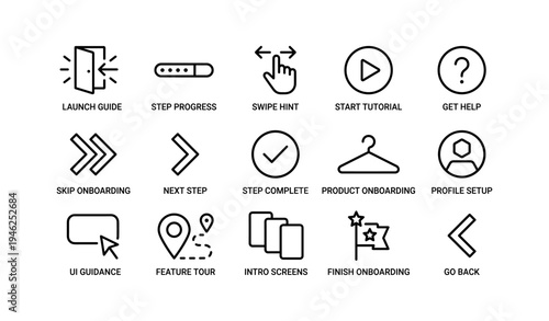 User interface onboarding icons for mobile app navigation and tutorials