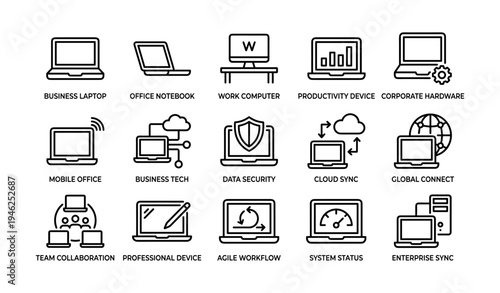 Business technology icons for productivity and cloud sync solutions