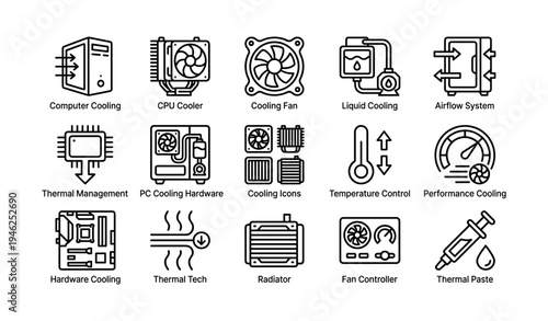 Computer cooling icons collection featuring cpu cooler, radiator, and fan controller systems