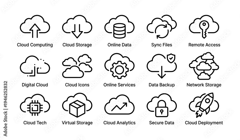 Fototapeta premium Cloud computing icons: storage, sync, security, access, analytics