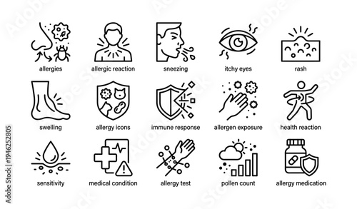 Allergy symptoms and response icons: sneezing, itchy eyes, rash, swelling, sensitivity