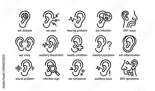 Ear health icons: symptoms, infections, hearing, ent, medical discomfort
