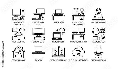 Modern remote work icons: home office, cloud collaboration, video conference, productivity workspace