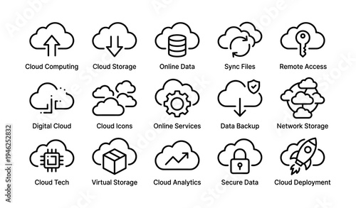 Cloud computing icons: storage, sync, security, access, analytics