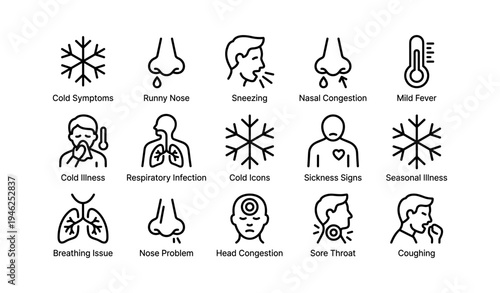 Illustrated icons of common cold symptoms and signs