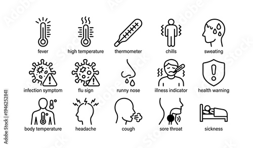 Fever and flu symptoms with icons highlighting health indicators