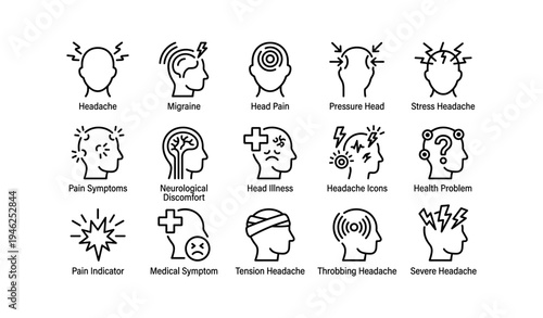 Headache and pain symptoms icon set: migraine, pressure, neurological discomfort