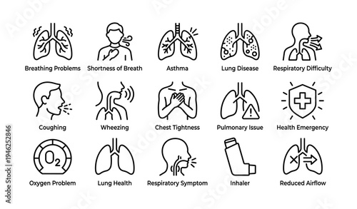 Respiratory health icons: breathing problems and asthma symptoms collection