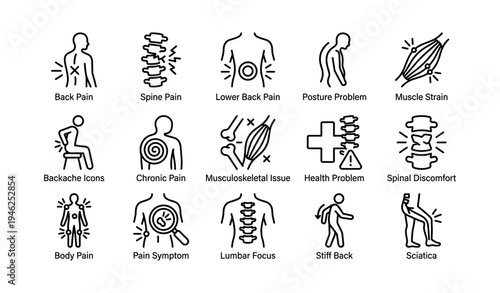 Back pain icons: spine, muscle strain, posture issues, health symbols