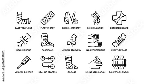 Orthopedic care icon set: casts, healing, and medical support symbols