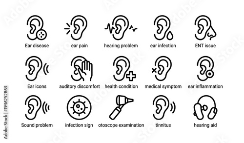 Ear health icons: disease, infection, tinnitus, hearing problems, medical symptoms