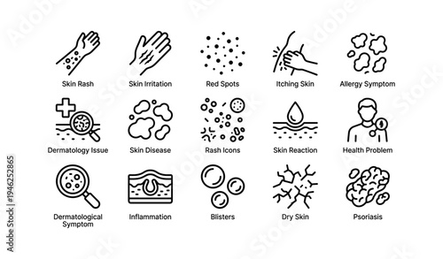 Dermatology icons illustrating skin rash, itching, allergy, inflammation, psoriasis