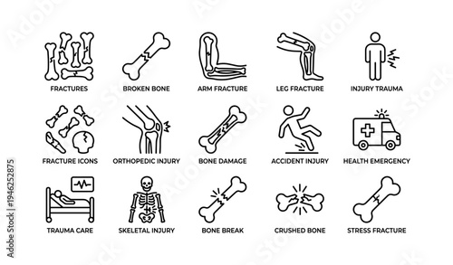 Fracture and injury icons collection: bones, trauma, and health emergency symbols