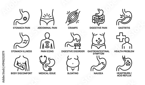 Digestive health issues and symptoms icons set