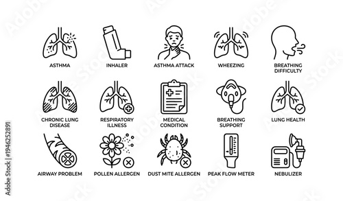 Respiratory health icons: asthma, inhaler, wheezing, allergens, medical support